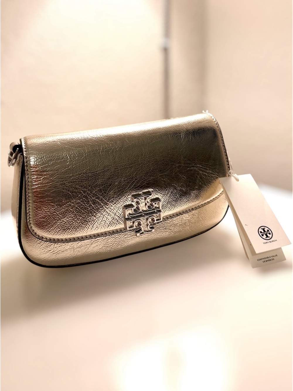 Tory Burch Britten Metallic Leather Convertible Crossbody Bag Spark Gold NWT